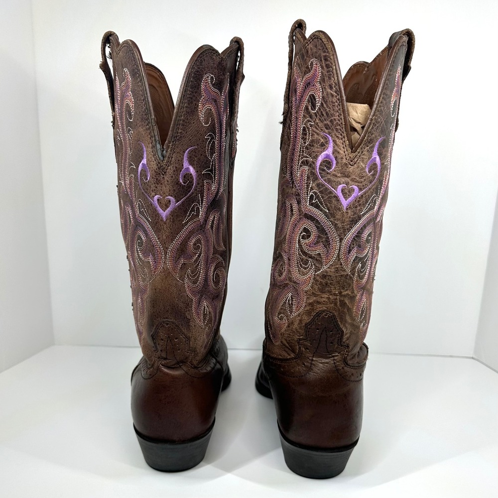 Justin Womens 8B Cowboy Boots Brown Leather Purple Embroidered Western - Picture 4 of 12
